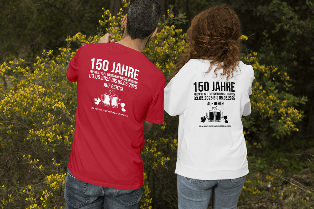 Euer Fest-Shirt in Weiß. Bedruckt auf Vorder- und Rückseite in verschiedenen Farben ab 50 Stück - Eigenes Motiv