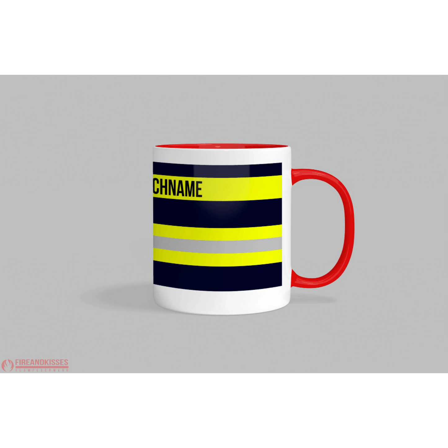 Fireandkisses feuerwehr-tasse „wunschtext“ – personalisierbar - roter henkel & rand - tasse feuerwehr-tasse „wunschtext“
