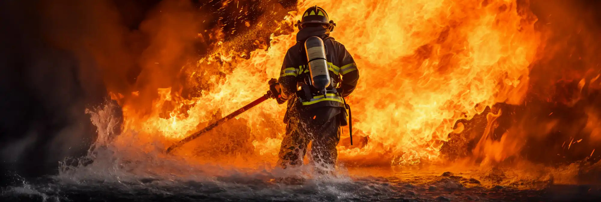 Feuerwehrmann kämpft gegen intensive Flammen.