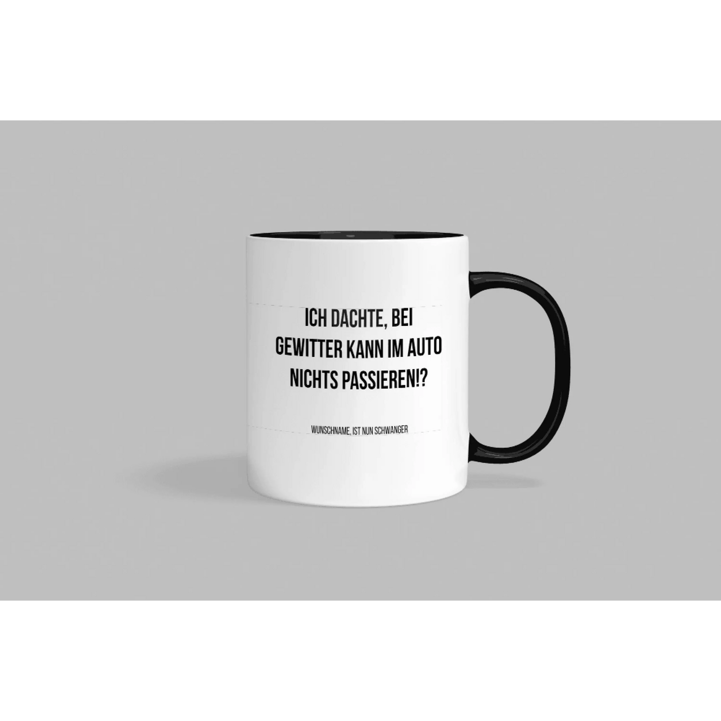 Fireandkisses fun-tasse „ich dachte bei gewitter kann im auto nichts passieren! ? “ - schwarzer henkel & rand - tasse