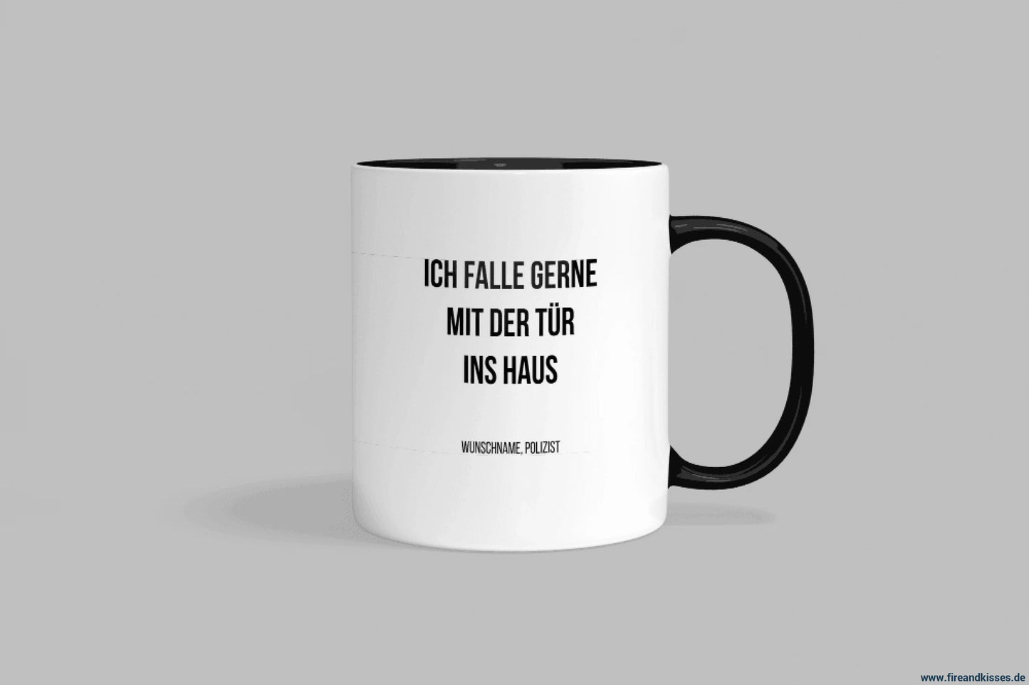 Fireandkisses fun-tasse „ich falle gerne mit der tür ins haus“ - schwarzer henkel & rand - tasse fun-tasse „ich tür