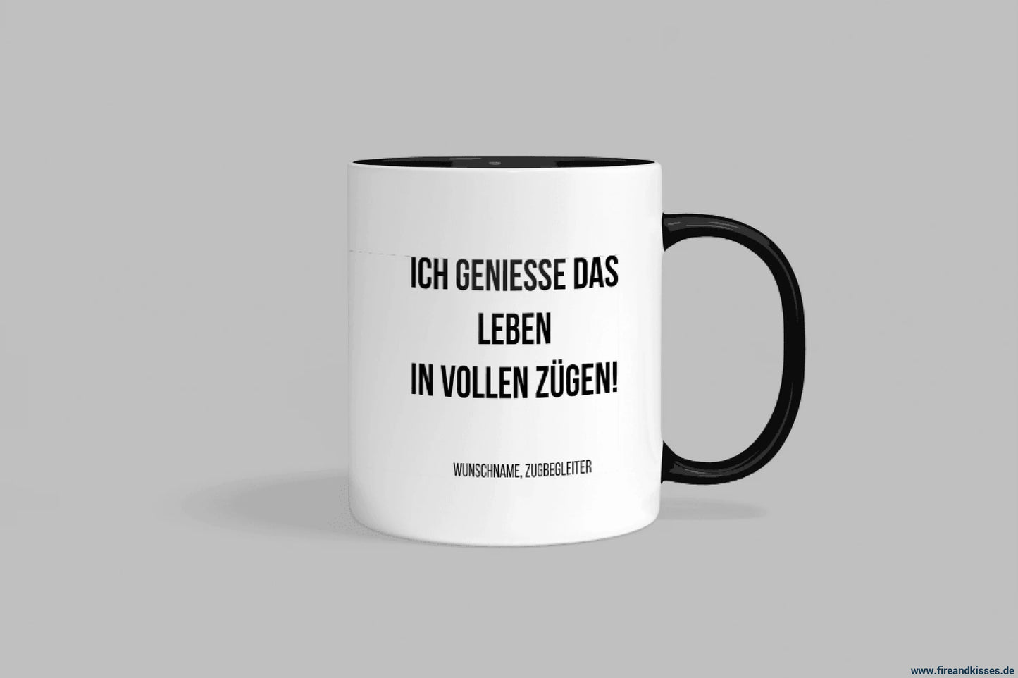 Fun-tasse „zugbegleiter“ – ich genieße das leben in vollen zügen! - schwarzer henkel & rand - tasse fun-tasse
