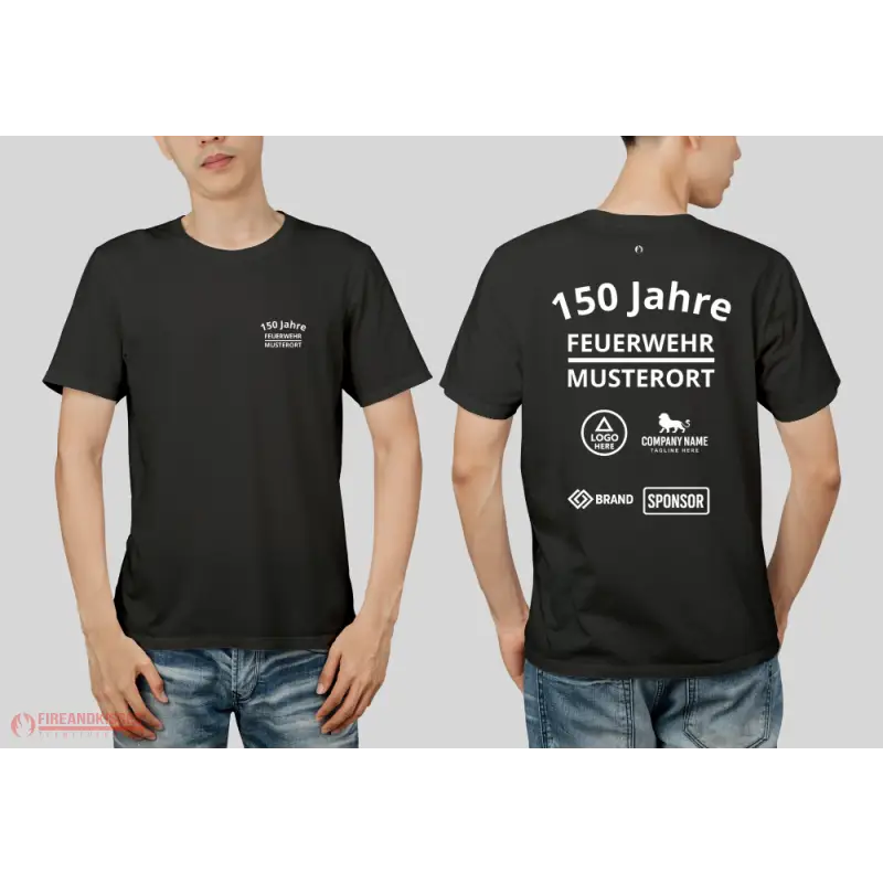 Individuelles Feuerwehr Jubiläums T-Shirt mit Sponsorenlogos – XXX Jahre Deine Feuerwehr - Schwarz / XS