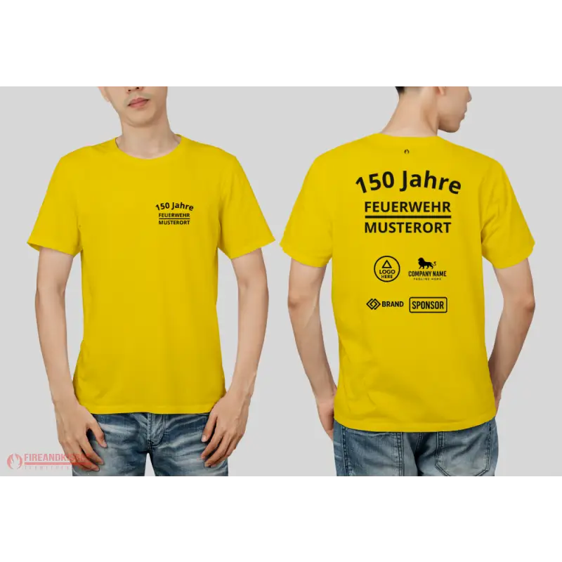 Individuelles Feuerwehr Jubiläums T-Shirt mit Sponsorenlogos – XXX Jahre Deine Feuerwehr - Gelb / XS