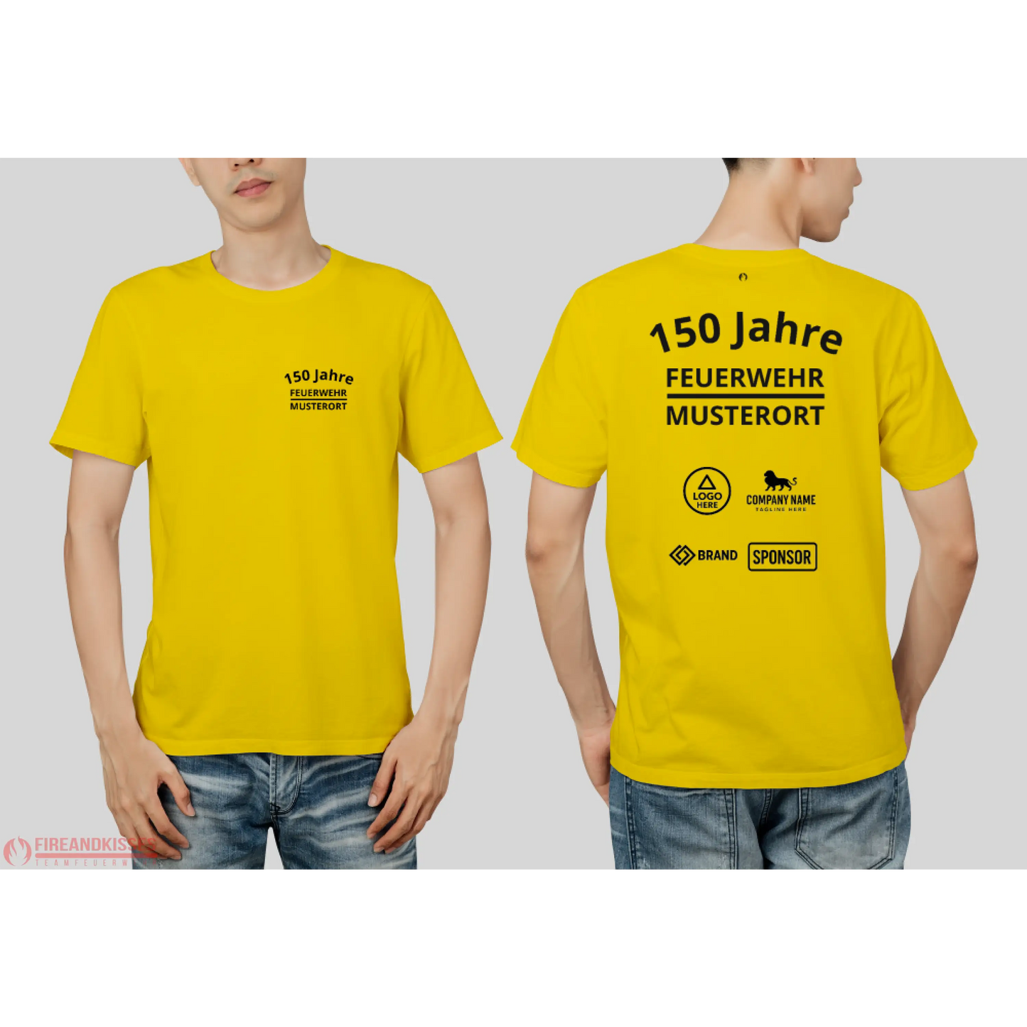 Individuelles feuerwehr jubiläums t-shirt mit sponsorenlogos – xxx jahre deine - gelb / xs - feuerwehr jubiläums t-shirt