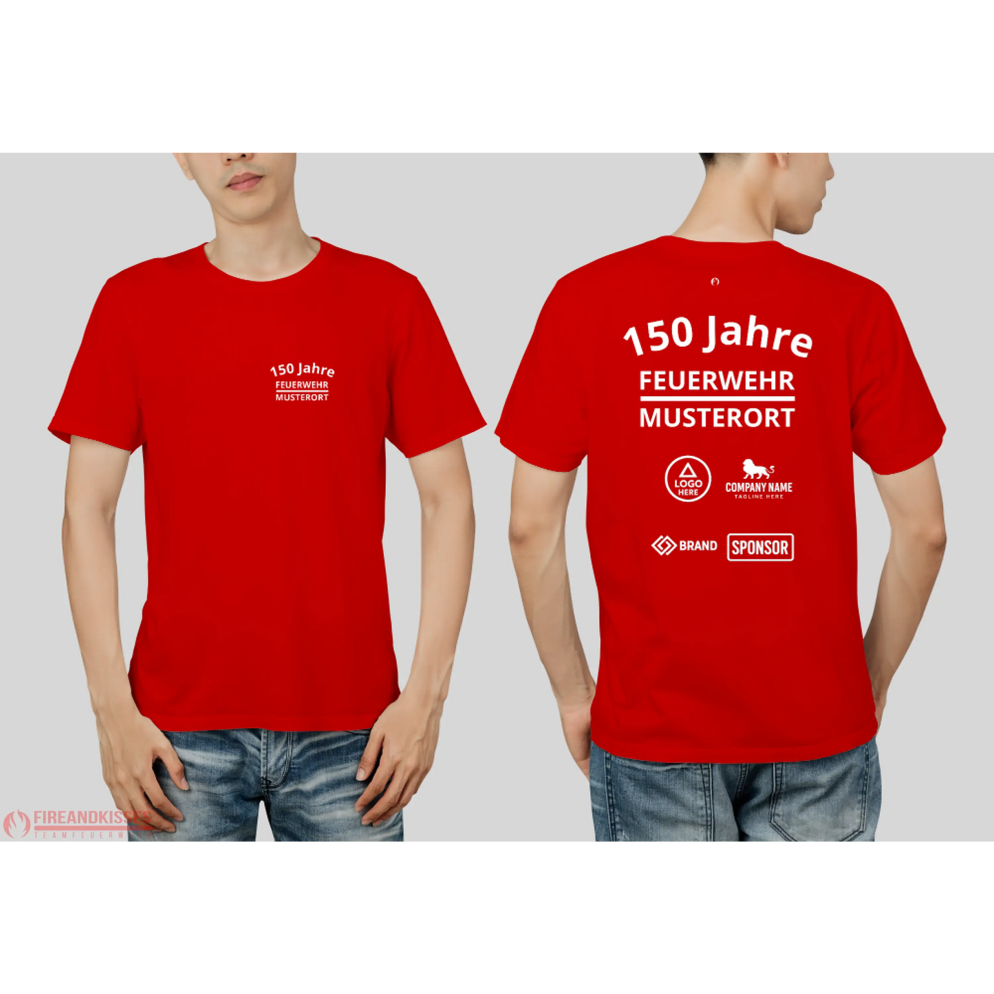 Individuelles feuerwehr jubiläums t-shirt mit sponsorenlogos – xxx jahre deine - rot / xs - feuerwehr jubiläums t-shirt