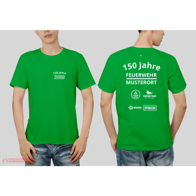 Individuelles Feuerwehr Jubiläums T-Shirt mit Sponsorenlogos – XXX Jahre Deine Feuerwehr - Grün / XS