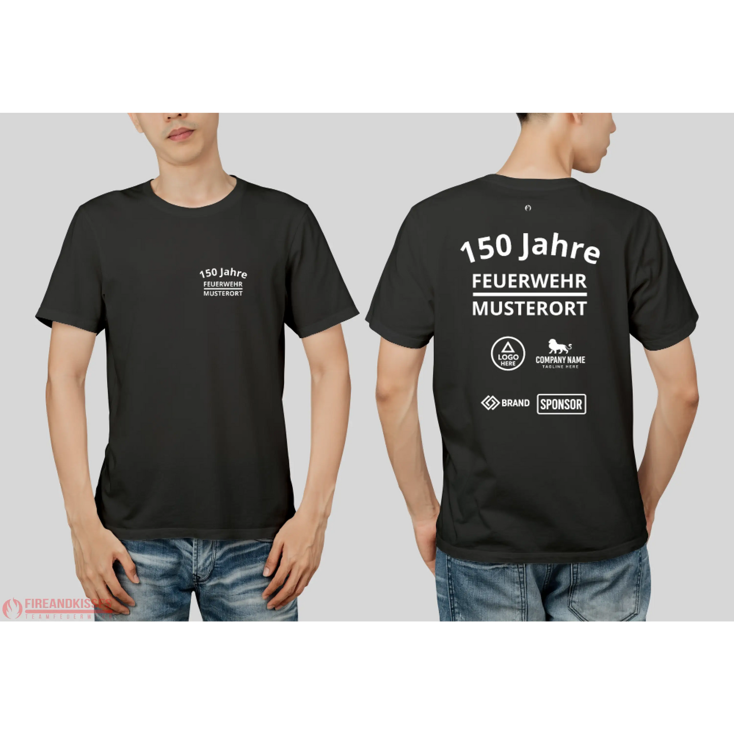 Individuelles feuerwehr jubiläums t-shirt mit sponsorenlogos – xxx jahre deine - feuerwehr jubiläums t-shirt
