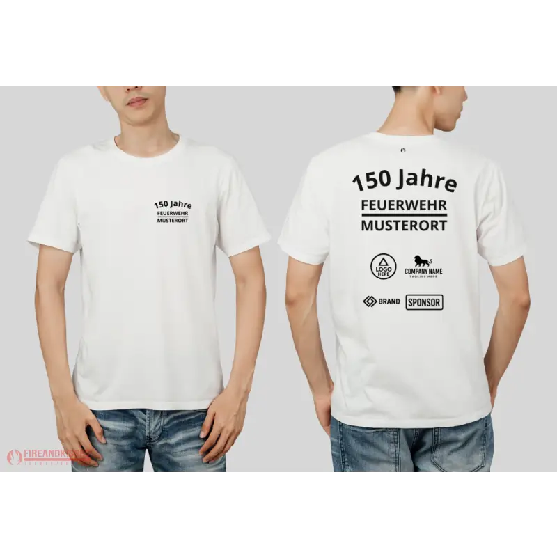 Individuelles Feuerwehr Jubiläums T-Shirt mit Sponsorenlogos – XXX Jahre Deine Feuerwehr - Weiß / XS