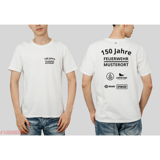 Individuelles feuerwehr jubiläums t-shirt mit sponsorenlogos – xxx jahre deine - weiß / xs - feuerwehr jubiläums t-shirt