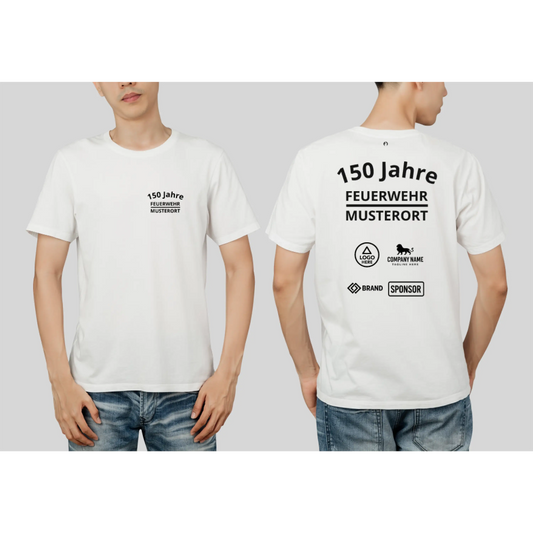 Individuelles feuerwehr jubiläums t-shirt mit sponsorenlogos – xxx jahre deine - weiß / xs - feuerwehr jubiläums t-shirt