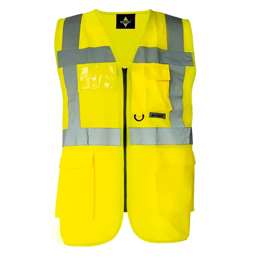 Multifunktionsweste ’berlin’ mit oder ohne aufdruck - gelb (en iso 20471) / s (ca. 100 cm umfang) / wunschtext schwarz