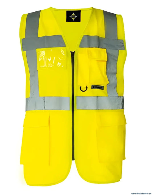 Multifunktionsweste ’berlin’ mit oder ohne aufdruck - gelb (en iso 20471) / s (ca. 100 cm umfang) / wunschtext schwarz