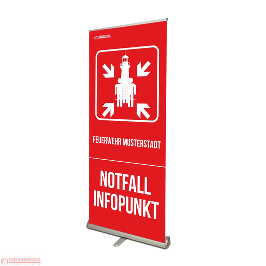Personalisiertes rollup-banner notfall-infopunkt standard sammelstelle feuerwehr blackout stromausfall - premium