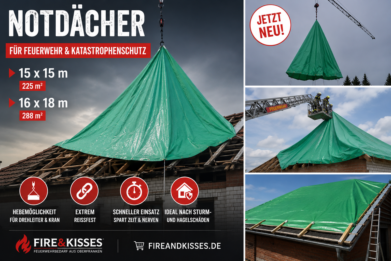 Not-Dach-Plane 15x15m mit Kranhebevorrichtung – Feuerwehr & Katastrophenschutz