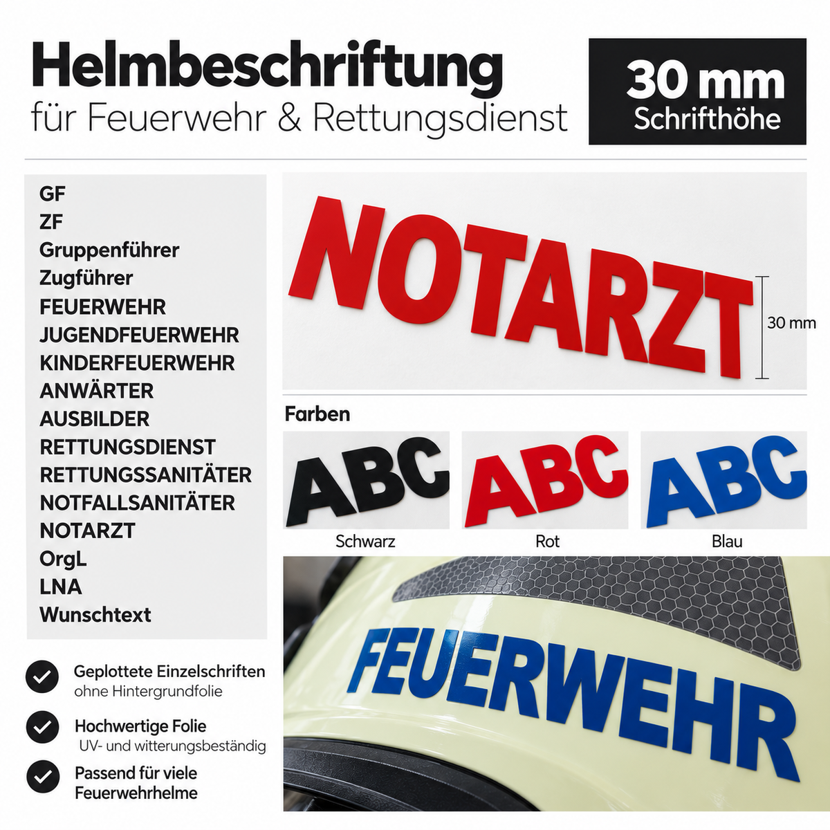 Helmbeschriftung Feuerwehr 30 mm – Funktion & Wunschtext