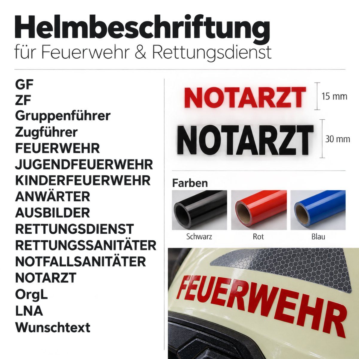 Helmbeschriftung Feuerwehr 15 mm – Funktion & Wunschtext
