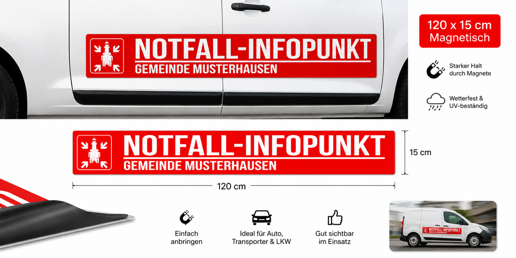 Magnetschild „Notfall-Infopunkt“ 120 × 15 cm – Fireandkisses