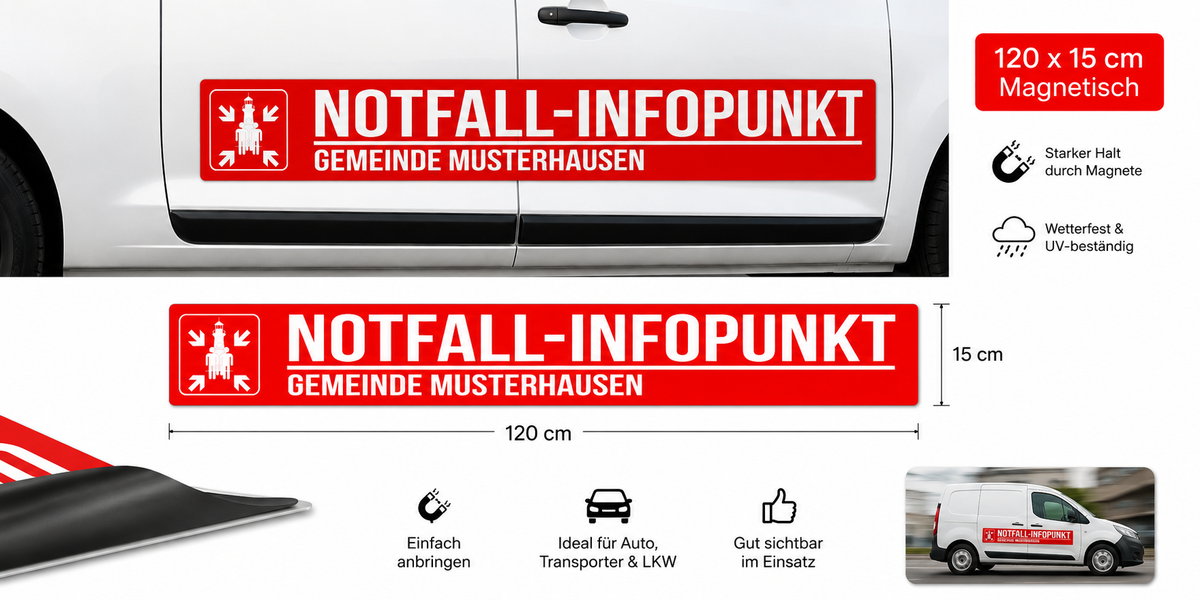 Magnetschild „Notfall-Infopunkt“ 120 × 15 cm – Fireandkisses