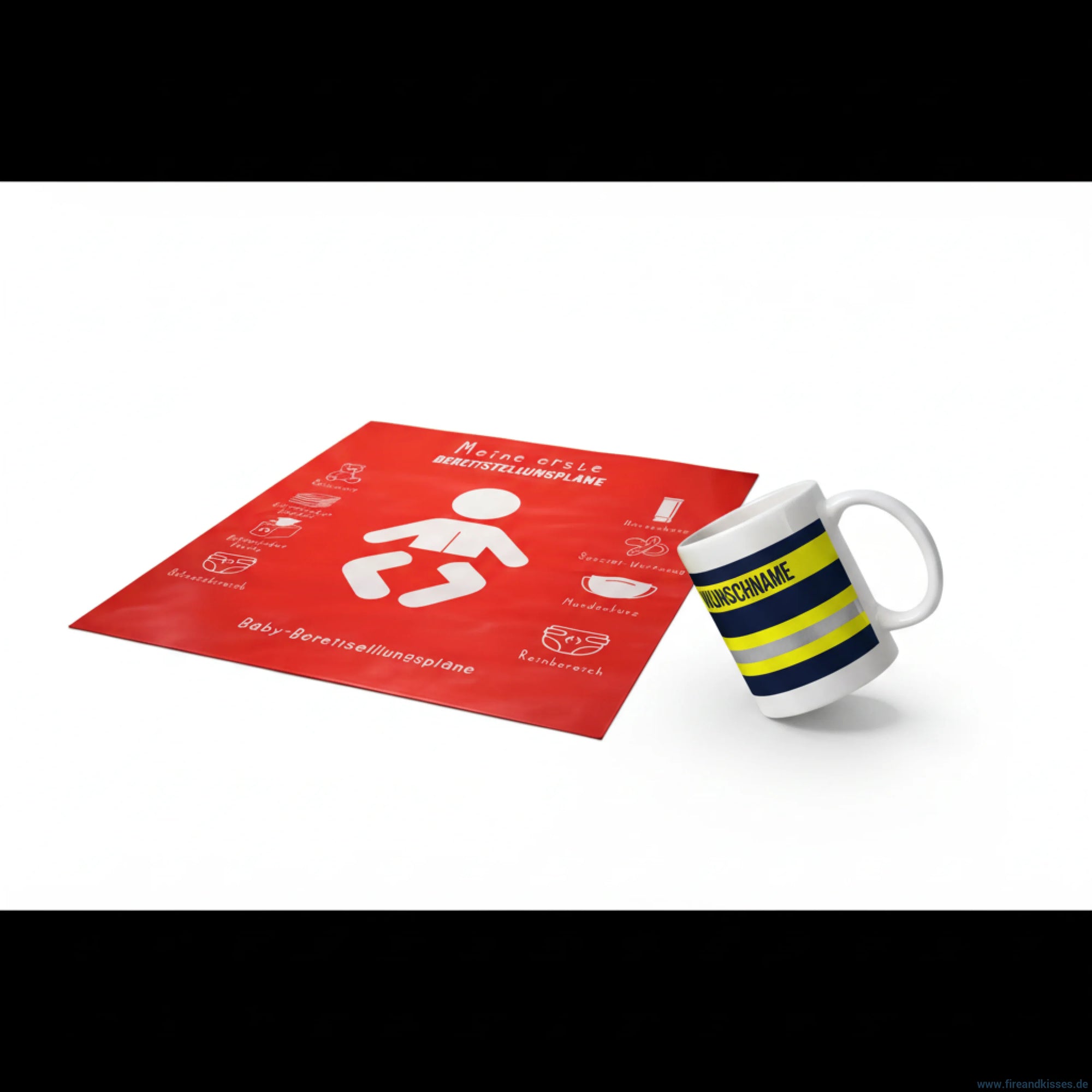 Feuerwehr nachwuchs geschenkset – babyauflage + tasse personalisierbar
