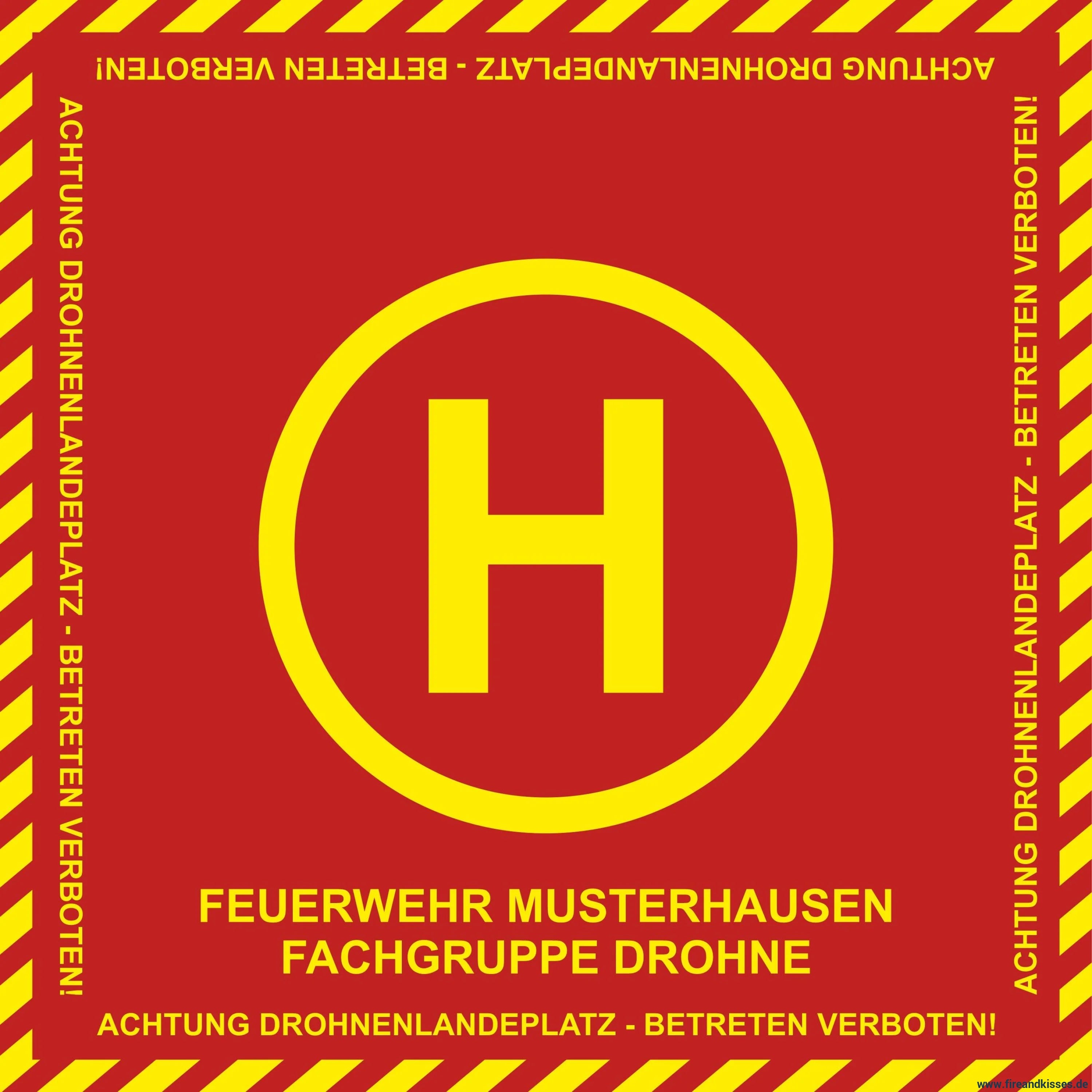 Roter und gelber Helipad-Schild auf Fireandkisses BOS Feuerwehr Drohnen Landeplatz