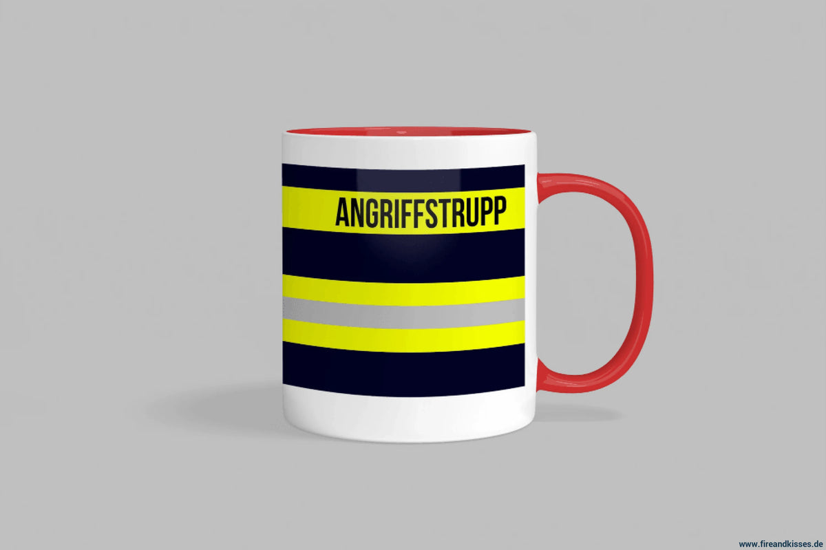Fireandkisses feuerwehr-tasse „angriffstrupp“ - roter henkel & rand - tasse angriffstrupp | keramik 0,3l