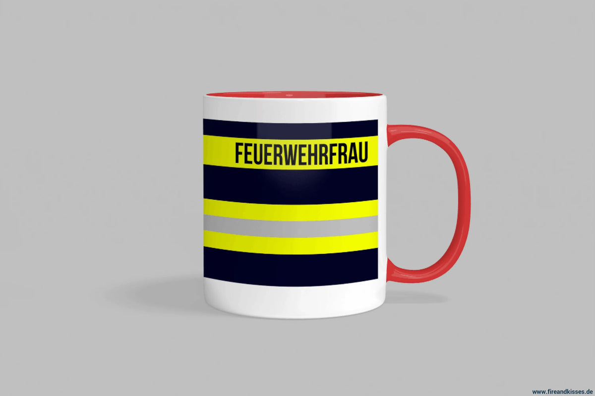 Fireandkisses feuerwehr-tasse „feuerwehrfrau“ - roter henkel & rand - tasse feuerwehrfrau | keramik 0,3l