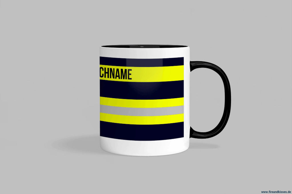 Fireandkisses feuerwehr-tasse „wunschtext“ – personalisierbar - schwarzer henkel & rand - tasse feuerwehr-tasse
