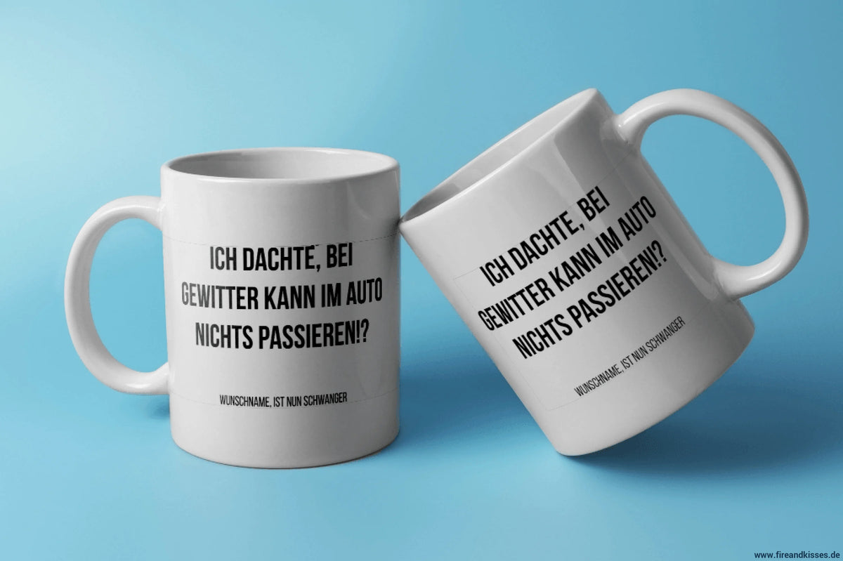 Fireandkisses fun-tasse „ich dachte bei gewitter kann im auto nichts passieren! ? “ - weiß - tasse fun-tasse „ich