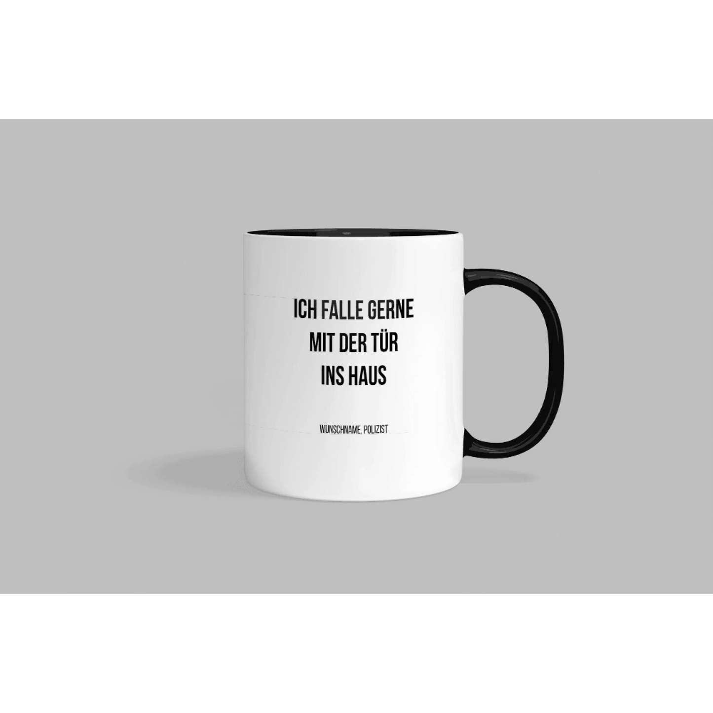 Fireandkisses fun-tasse „ich falle gerne mit der tür ins haus“ - schwarzer henkel & rand - tasse fun-tasse „ich tür