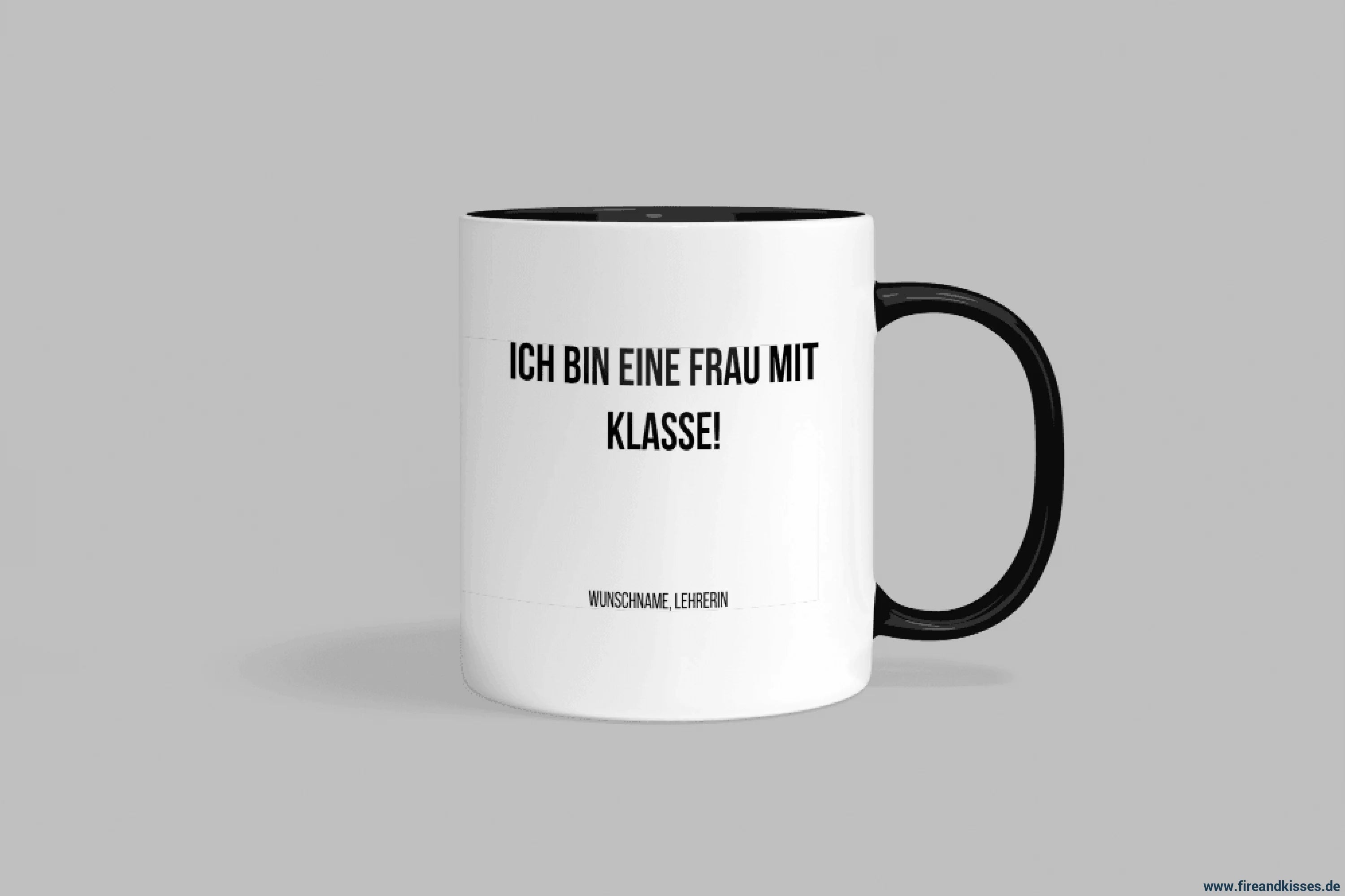 Fireandkisses fun-tasse „lehrerin – ich bin eine frau mit klasse! “ - schwarzer henkel & rand - tasse fun-tasse