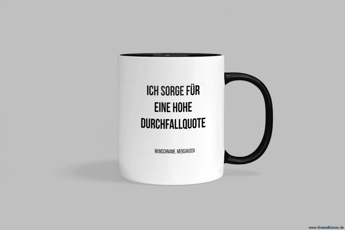 Fireandkisses fun-tasse „mensakoch – ich sorge für eine hohe durchfallquote“ - schwarzer henkel & rand - tasse