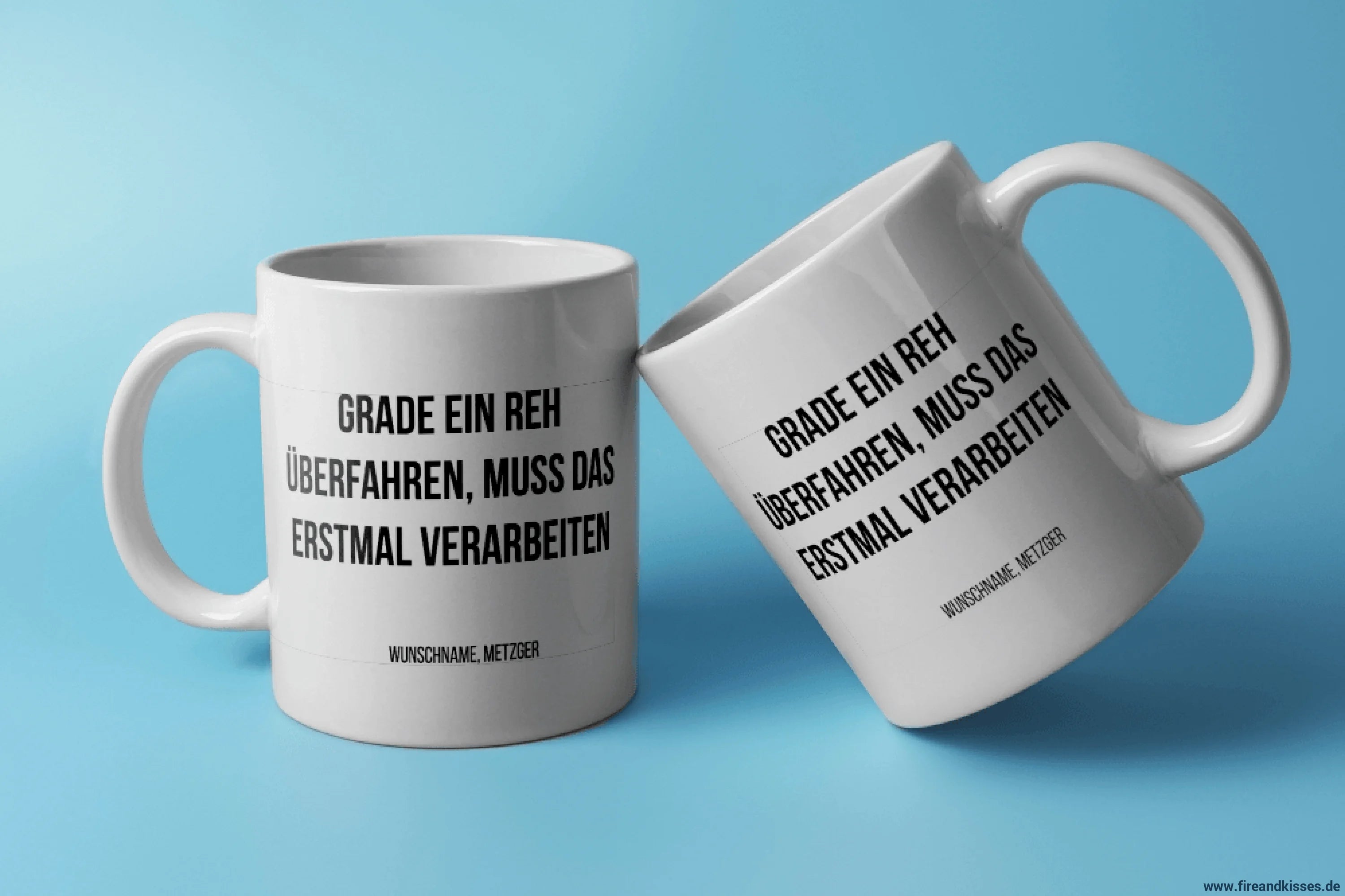 Fireandkisses fun-tasse „metzger – grade ein reh überfahren muss das erstmal verarbeiten“ - weiß - tasse fun-tasse