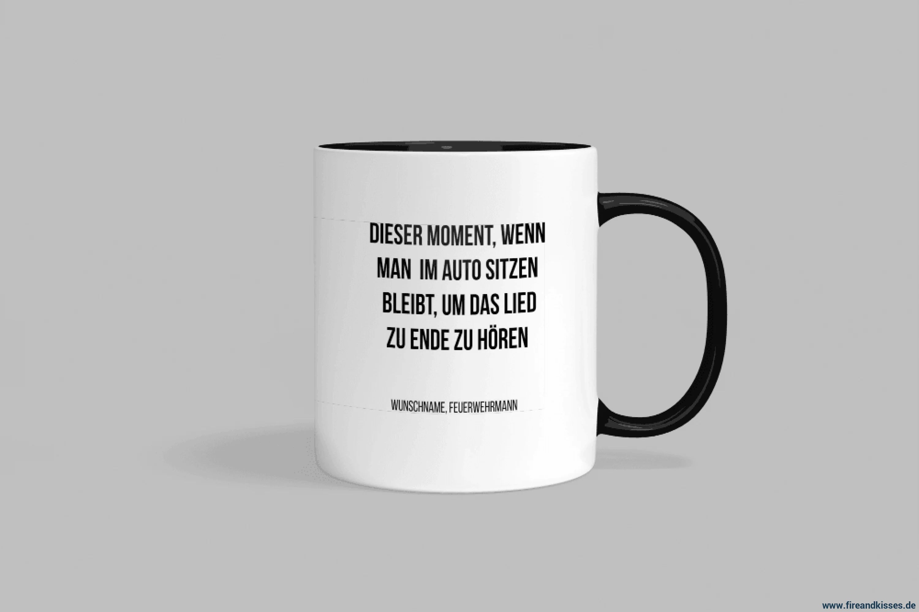 Fun-tasse „feuerwehrmann“ – dieser moment wenn man im auto sitzen bleibt... - schwarzer rand & henkel - tasse fun-tasse