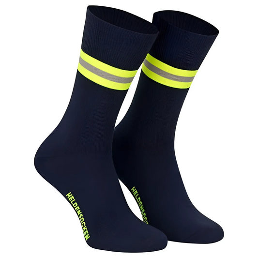 Heldensocken marineblau/gelb-silber-gelb – feuerwehrsocken mit stil & komfort | fireandkisses.de