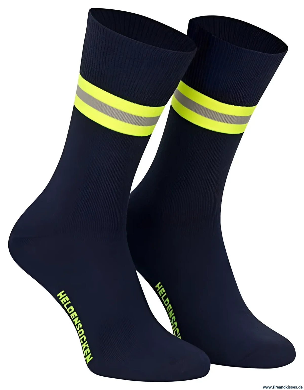 Heldensocken marineblau/gelb-silber-gelb – feuerwehrsocken mit stil & komfort | fireandkisses.de