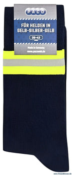 Heldensocken marineblau/gelb-silber-gelb – feuerwehrsocken mit stil & komfort | fireandkisses.de