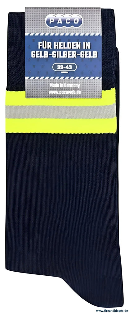 Heldensocken marineblau/gelb-silber-gelb – feuerwehrsocken mit stil & komfort | fireandkisses.de