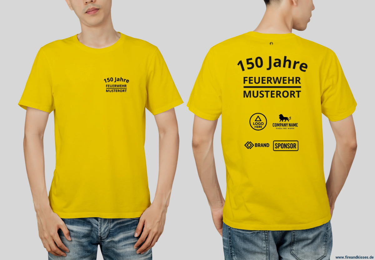 Individuelles feuerwehr jubiläums t-shirt mit sponsorenlogos – xxx jahre deine - gelb / xs - feuerwehr jubiläums t-shirt