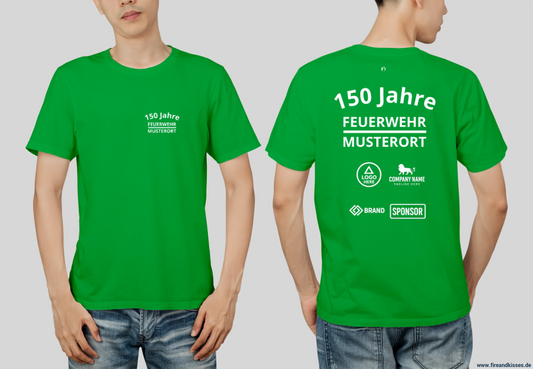 Individuelles feuerwehr jubiläums t-shirt mit sponsorenlogos – xxx jahre deine - grün / xs - feuerwehr jubiläums t-shirt