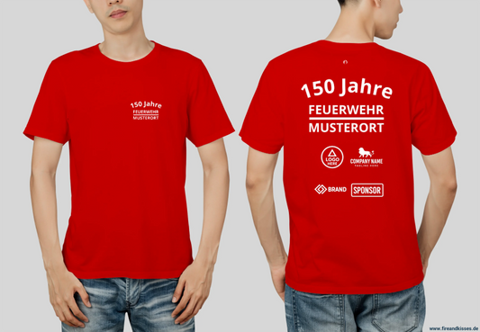 Individuelles feuerwehr jubiläums t-shirt mit sponsorenlogos – xxx jahre deine - rot / xs - feuerwehr jubiläums t-shirt