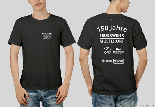 Individuelles feuerwehr jubiläums t-shirt mit sponsorenlogos – xxx jahre deine - feuerwehr jubiläums t-shirt
