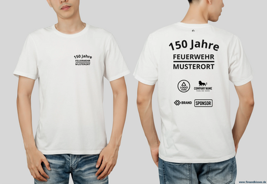 Individuelles feuerwehr jubiläums t-shirt mit sponsorenlogos – xxx jahre deine - weiß / xs - feuerwehr jubiläums t-shirt