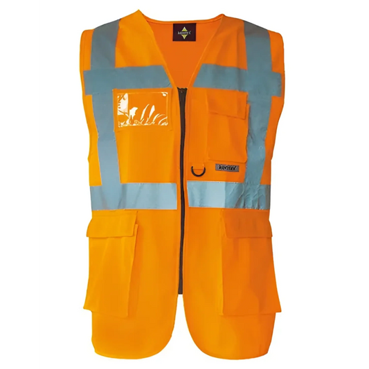 Multifunktionsweste ’berlin’ mit oder ohne aufdruck - orange (en iso 20471) / s (ca. 100 cm umfang) / wunschtext