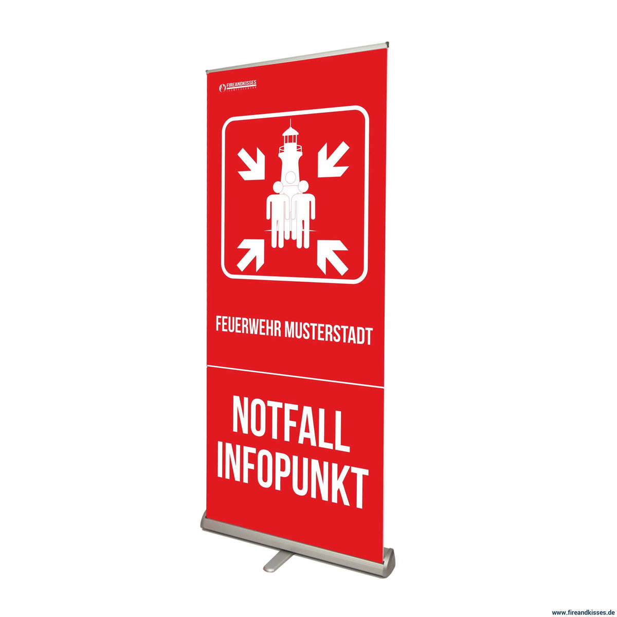 Personalisiertes rollup-banner notfall-infopunkt standard sammelstelle feuerwehr blackout stromausfall - premium