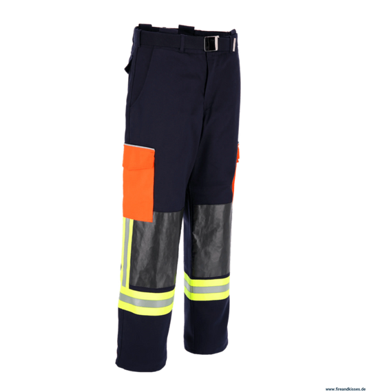 THL Bundhose Kermel/Viskose/Elasthan - Technische Hilfeleistung Feuerwehrhose EN 16689 Schwarzblau/Leuchtorange Kurze Größen
