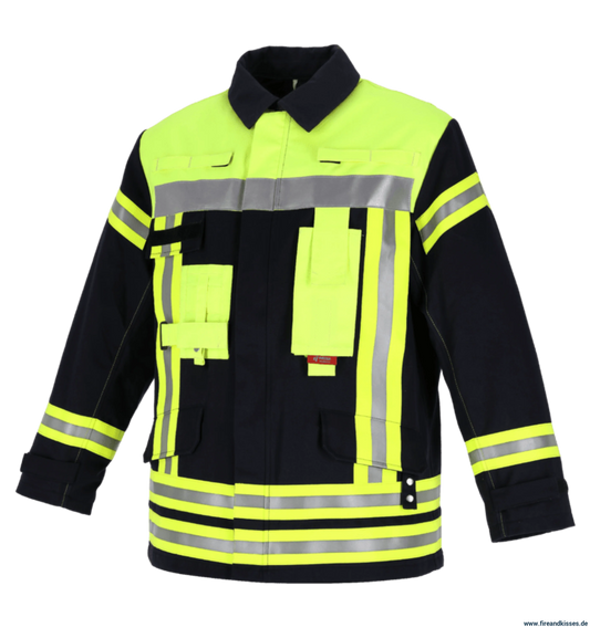 THL Einsatzjacke Baumwolle FR Proban - Technische Hilfeleistung Feuerwehrjacke EN 16689 Schwarzblau/Leuchtgelb Langgrößen