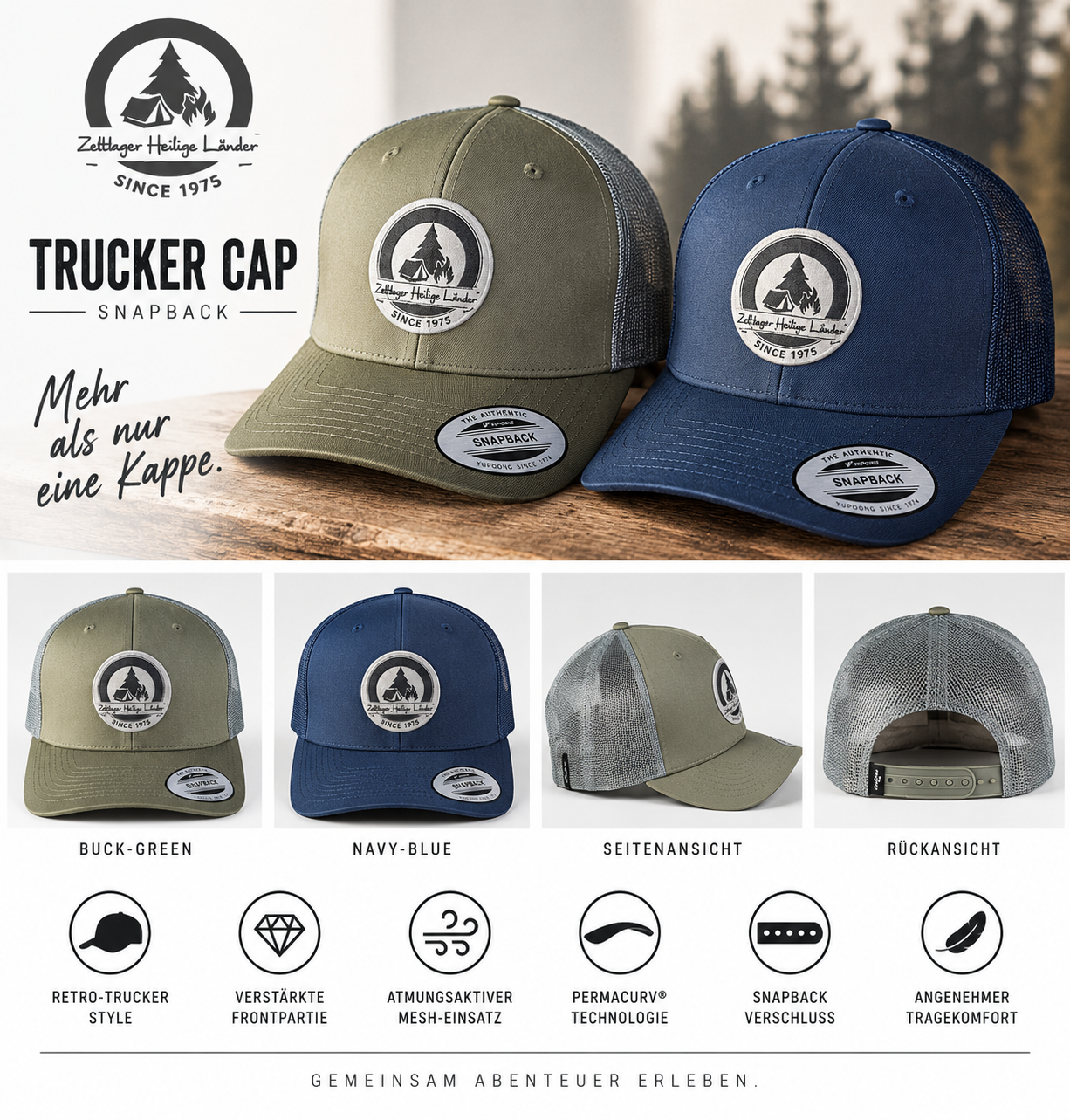 Zeltlager Heilige Länder Trucker Cap in Buck-Green und Navy-Blue